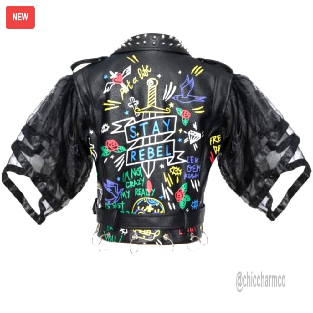 Faux Leather Punk Biker Moto Jacket Studded Rivet Graffiti Long Sleeve Coat - Picture 4 of 6